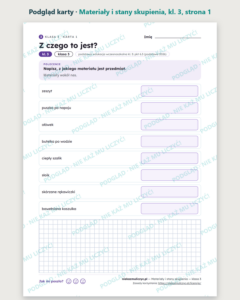 Materiały i stany skupienia — karty pracy, klasa 3, 10 kart PDF — podgląd karty, strona 1