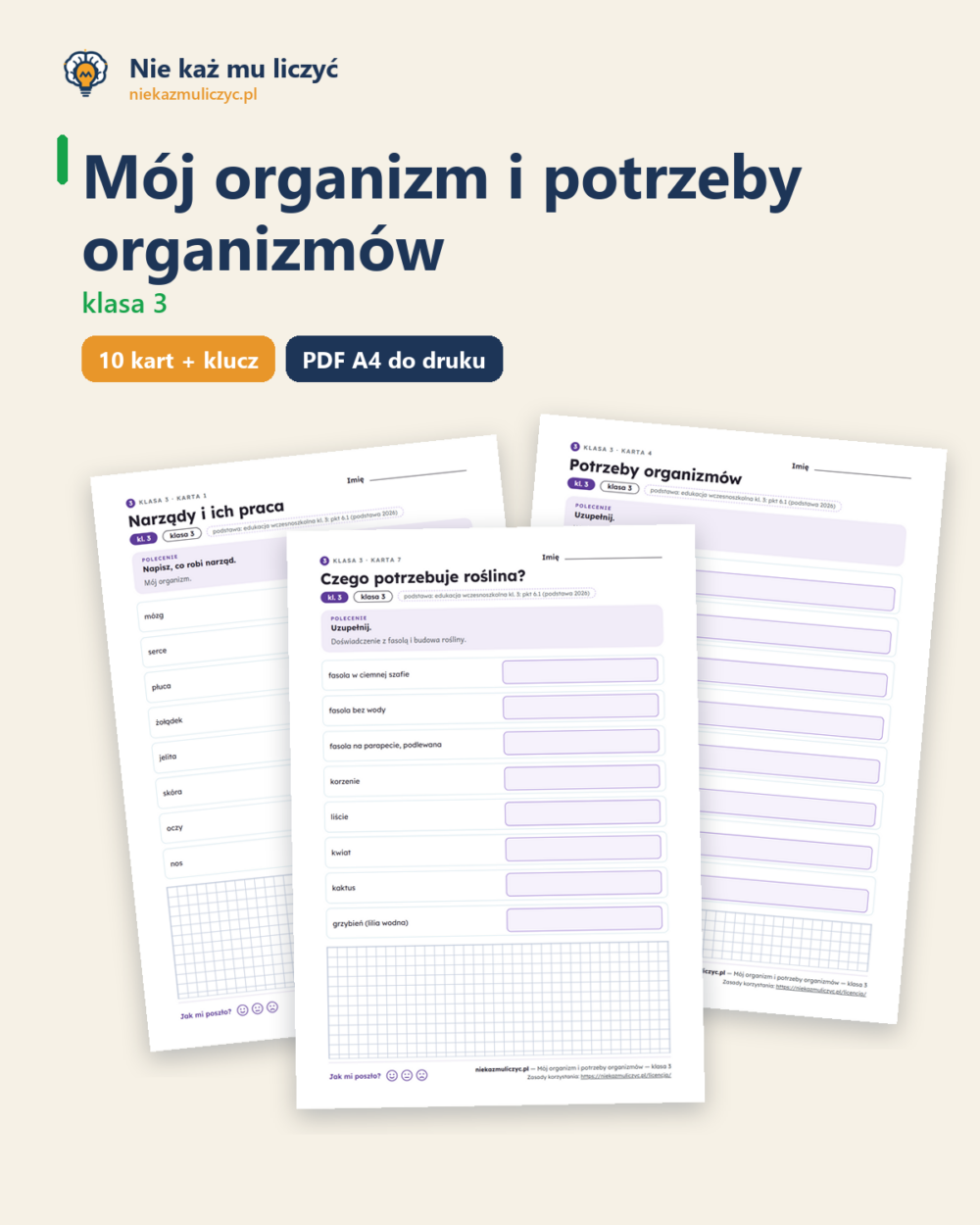 Mój organizm i potrzeby organizmów — karty pracy, klasa 3, 10 kart PDF — okładka