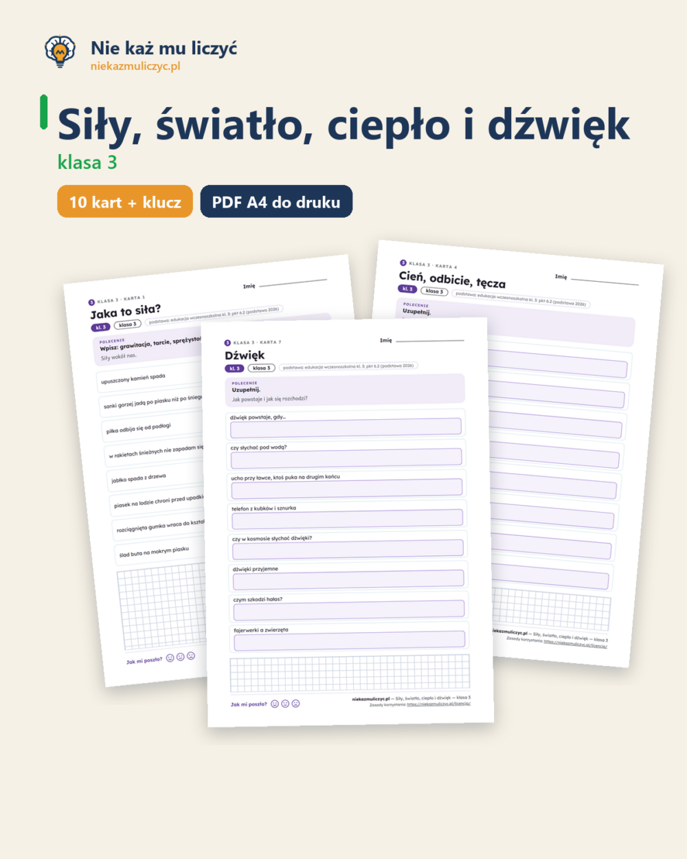 Siły, światło, ciepło i dźwięk — karty pracy, klasa 3, 10 kart PDF — okładka