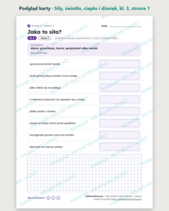 Siły, światło, ciepło i dźwięk — karty pracy, klasa 3, 10 kart PDF — podgląd karty, strona 1
