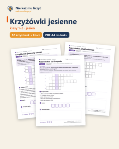 Krzyżówki jesienne dla dzieci — 12 krzyżówek z hasłem PDF — okładka