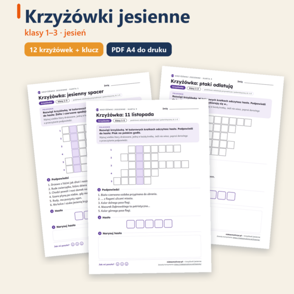 Okładka: Krzyżówki jesienne dla dzieci — 12 krzyżówek z hasłem PDF