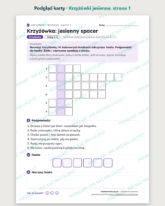 Krzyżówki jesienne dla dzieci — 12 krzyżówek z hasłem PDF — podgląd karty, strona 1