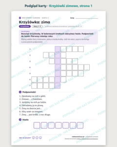 Krzyżówki zimowe dla dzieci — 12 krzyżówek z hasłem PDF — podgląd karty, strona 1