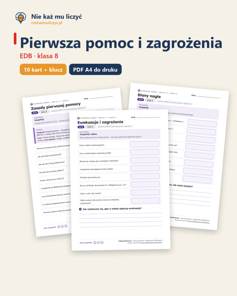 Pierwsza pomoc i zagrożenia, EDB klasa 8 — 10 kart PDF z kluczem — okładka