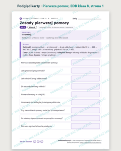 Pierwsza pomoc i zagrożenia, EDB klasa 8 — 10 kart PDF z kluczem — podgląd karty, strona 1