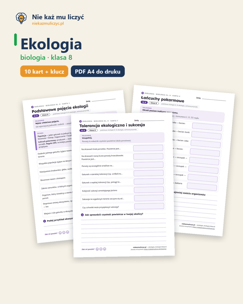 Ekologia, biologia klasa 8 — 10 kart pracy PDF z kluczem — okładka