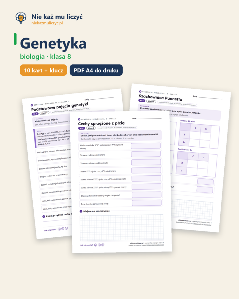 Genetyka, biologia klasa 8 — 10 kart pracy PDF z kluczem — okładka