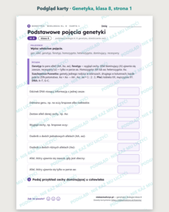 Genetyka, biologia klasa 8 — 10 kart pracy PDF z kluczem — podgląd karty, strona 1