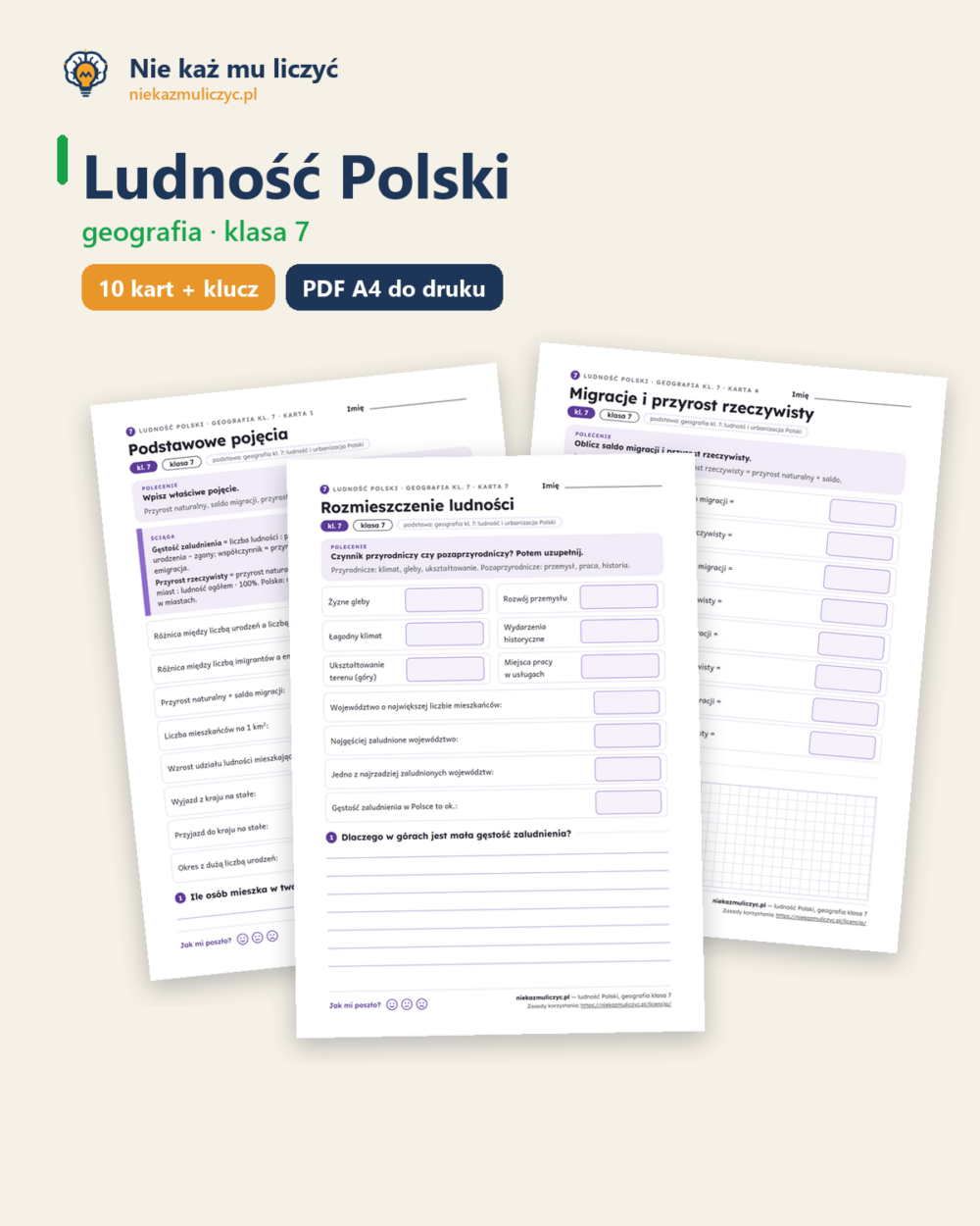 Ludność Polski, geografia klasa 7 — 10 kart pracy PDF z kluczem — okładka