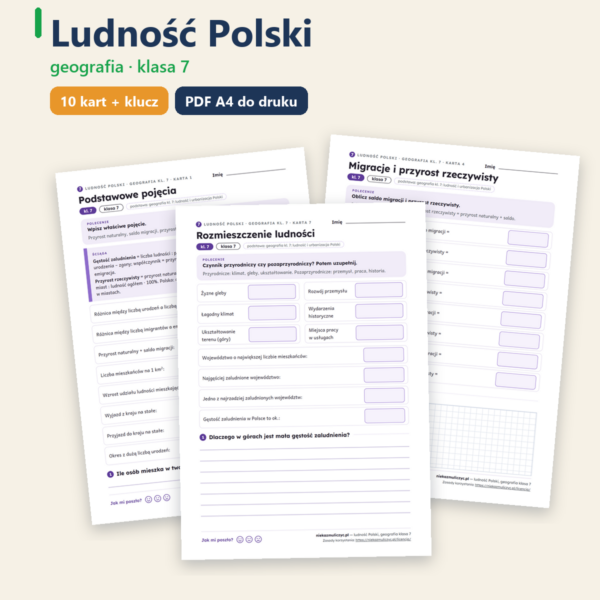 Ludność Polski, geografia klasa 7 — 10 kart pracy PDF z kluczem — okładka