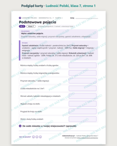 Ludność Polski, geografia klasa 7 — 10 kart pracy PDF z kluczem — podgląd karty, strona 1