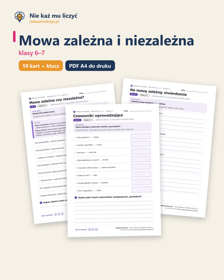 Mowa zależna i niezależna, klasy 6–7 — 10 kart PDF z kluczem — okładka