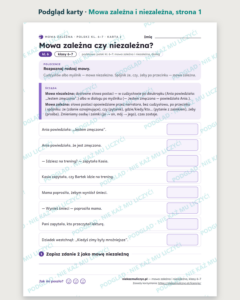 Mowa zależna i niezależna, klasy 6–7 — 10 kart PDF z kluczem — podgląd karty, strona 1
