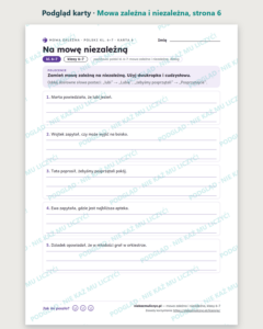Mowa zależna i niezależna, klasy 6–7 — 10 kart PDF z kluczem — podgląd karty, strona 6