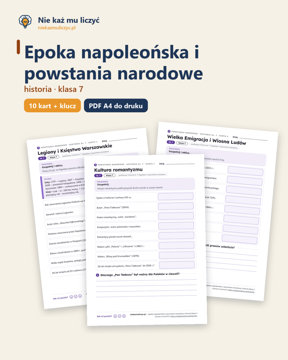 Napoleon i powstania narodowe, historia klasa 7 — 10 kart pracy PDF — okładka