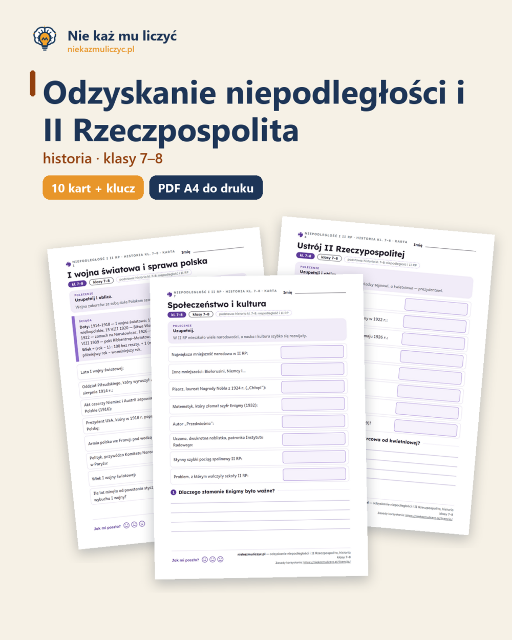 Odzyskanie niepodległości i II RP, historia kl. 7–8 — 10 kart PDF — okładka