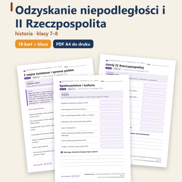 Okładka: Odzyskanie niepodległości i II RP, historia kl. 7–8 — 10 kart PDF