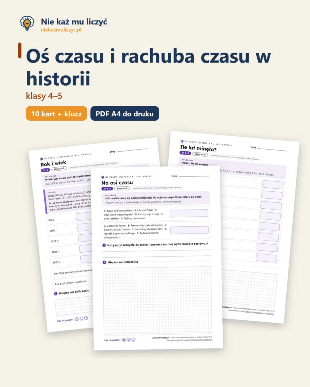 Oś czasu i rachuba czasu, historia klasy 4–5 — 10 kart PDF z kluczem — okładka