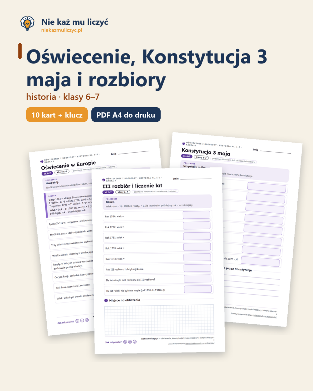 Oświecenie, Konstytucja 3 maja i rozbiory, historia kl. 6–7 — 10 kart — okładka