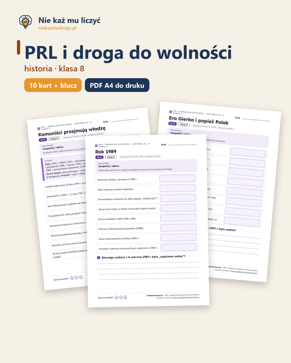 PRL i droga do wolności, historia klasa 8 — 10 kart PDF z kluczem — okładka