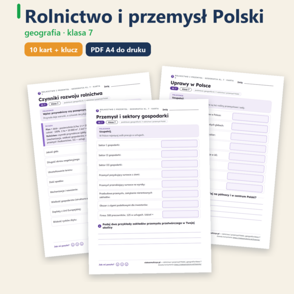 Rolnictwo i przemysł Polski, geografia klasa 7 — 10 kart PDF z kluczem — okładka