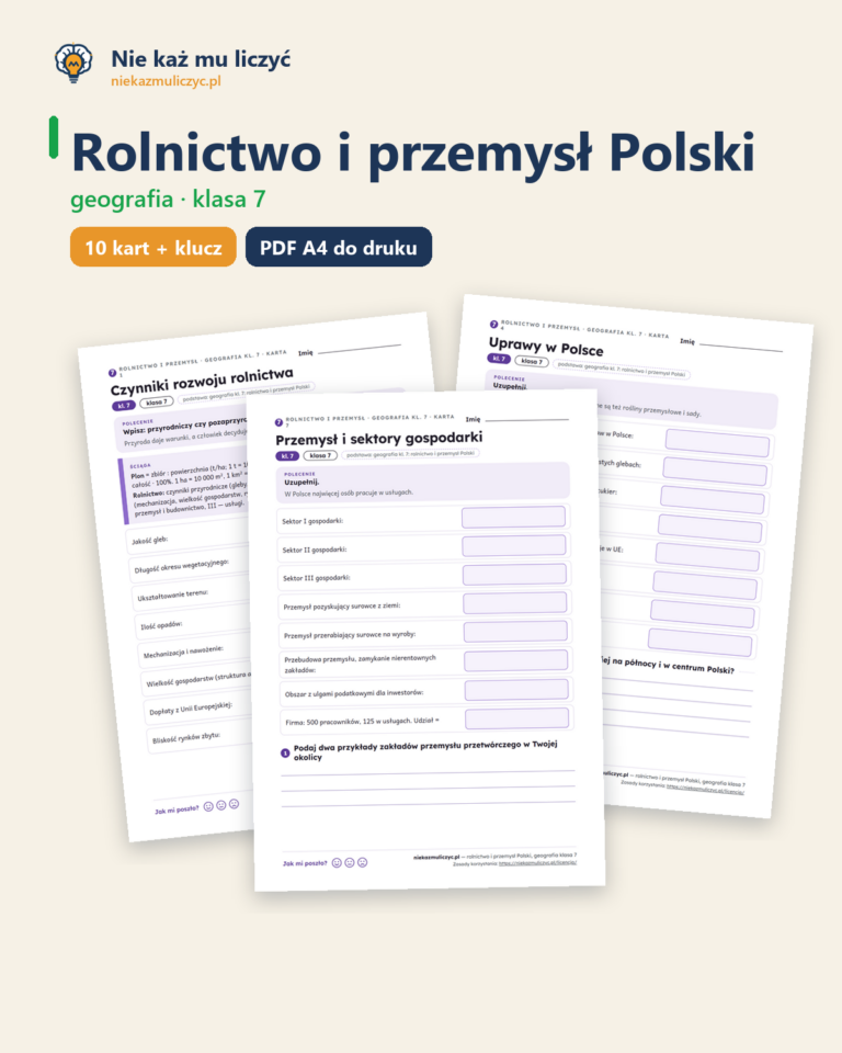 Rolnictwo i przemysł Polski, geografia klasa 7 — 10 kart PDF z kluczem — okładka