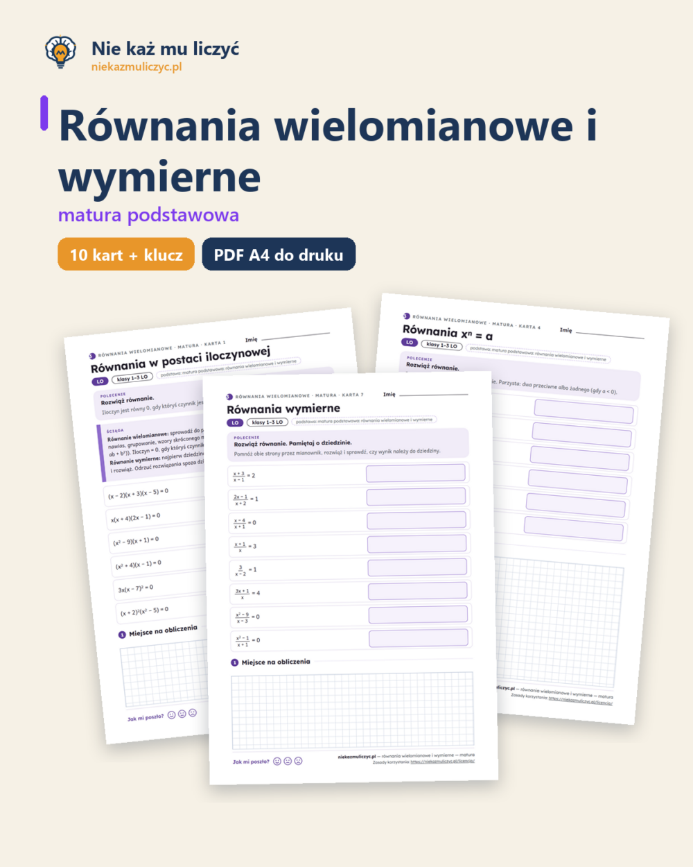 Równania wielomianowe i wymierne, matura — 10 kart PDF z kluczem — okładka