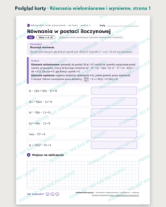 Równania wielomianowe i wymierne, matura — 10 kart PDF z kluczem — podgląd karty, strona 1