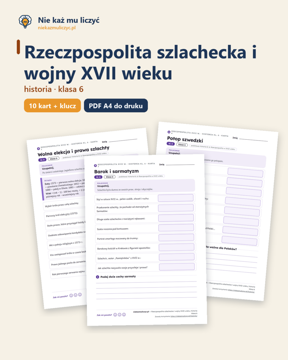 Rzeczpospolita szlachecka i wojny XVII w., historia kl. 6 — 10 kart — okładka