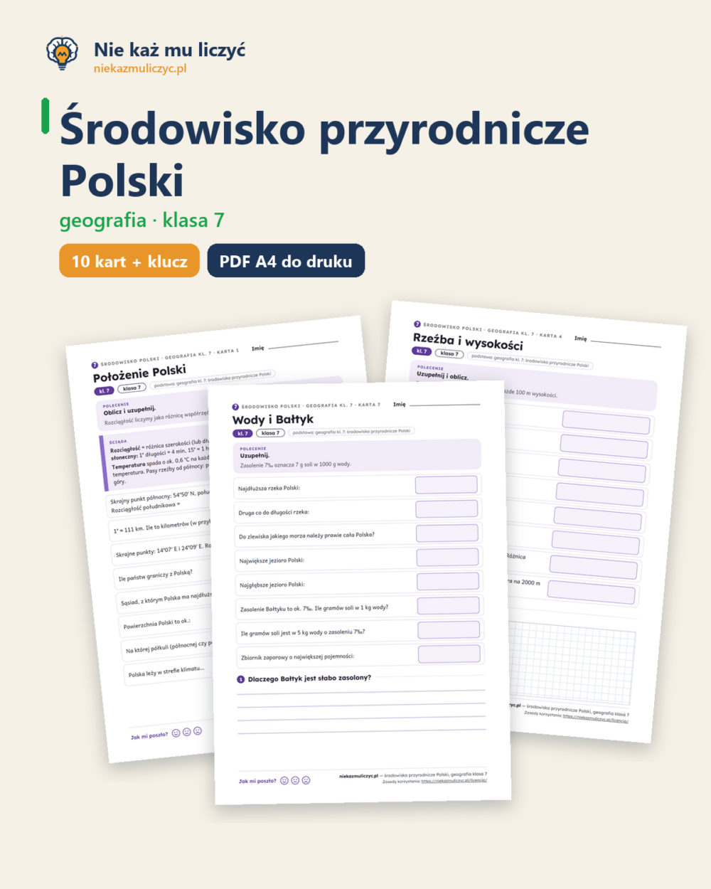 Środowisko przyrodnicze Polski, geografia klasa 7 — 10 kart PDF — okładka