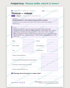 Tłuszcze, białka i cukry, chemia klasa 8 — 10 kart PDF z kluczem — podgląd karty, strona 1