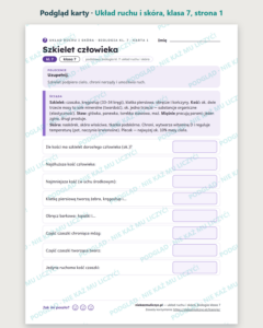 Układ ruchu i skóra, biologia klasa 7 — 10 kart pracy PDF z kluczem — podgląd karty, strona 1