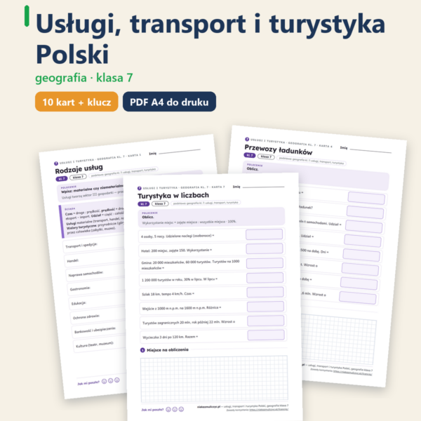 Usługi, transport i turystyka Polski, geografia kl. 7 — 10 kart PDF — okładka