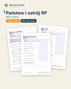 Państwo i ustrój RP, WOS klasa 8 — 10 kart pracy PDF z kluczem — okładka