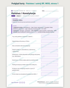Państwo i ustrój RP, WOS klasa 8 — 10 kart pracy PDF z kluczem — podgląd karty, strona 1