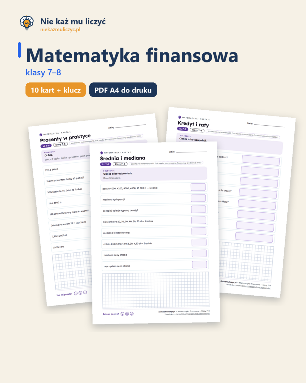 Matematyka finansowa — matematyka, klasy 7–8, 10 kart PDF — okładka