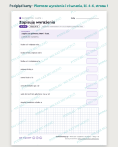Pierwsze wyrażenia i równania — matematyka, klasy 4–6, 10 kart PDF — podgląd karty, strona 1