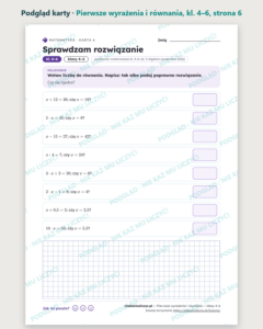 Pierwsze wyrażenia i równania — matematyka, klasy 4–6, 10 kart PDF — podgląd karty, strona 6