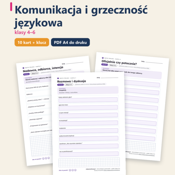 Okładka: Komunikacja i grzeczność językowa — polski, klasy 4–6, 10 kart PDF