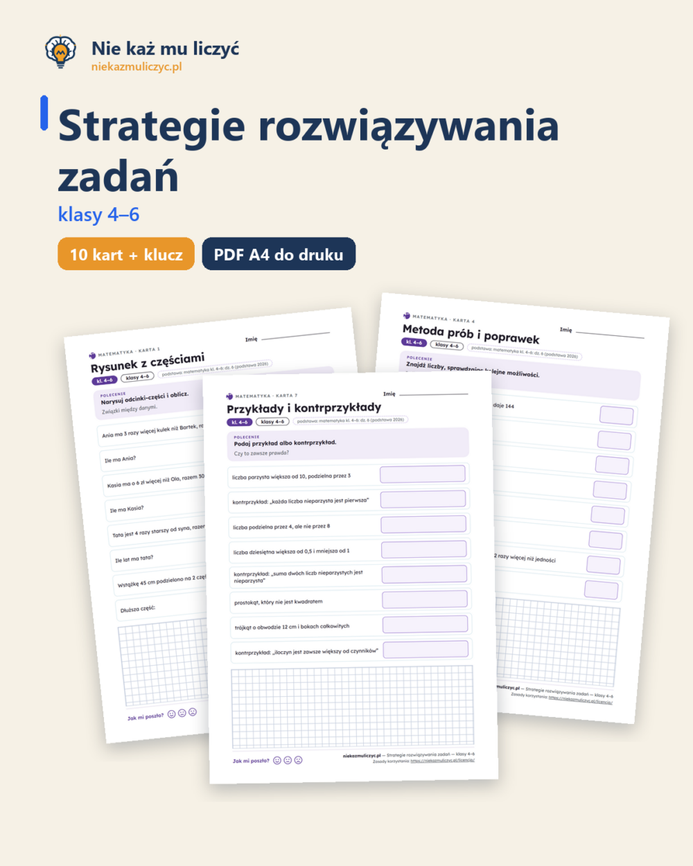 Strategie rozwiązywania zadań — matematyka, klasy 4–6, 10 kart PDF — okładka