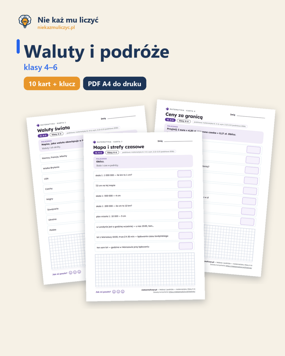 Waluty i podróże — matematyka, klasy 4–6, 10 kart PDF — okładka