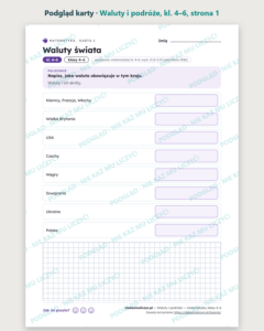 Waluty i podróże — matematyka, klasy 4–6, 10 kart PDF — podgląd karty, strona 1