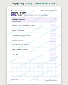Waluty i podróże — matematyka, klasy 4–6, 10 kart PDF — podgląd karty, strona 6