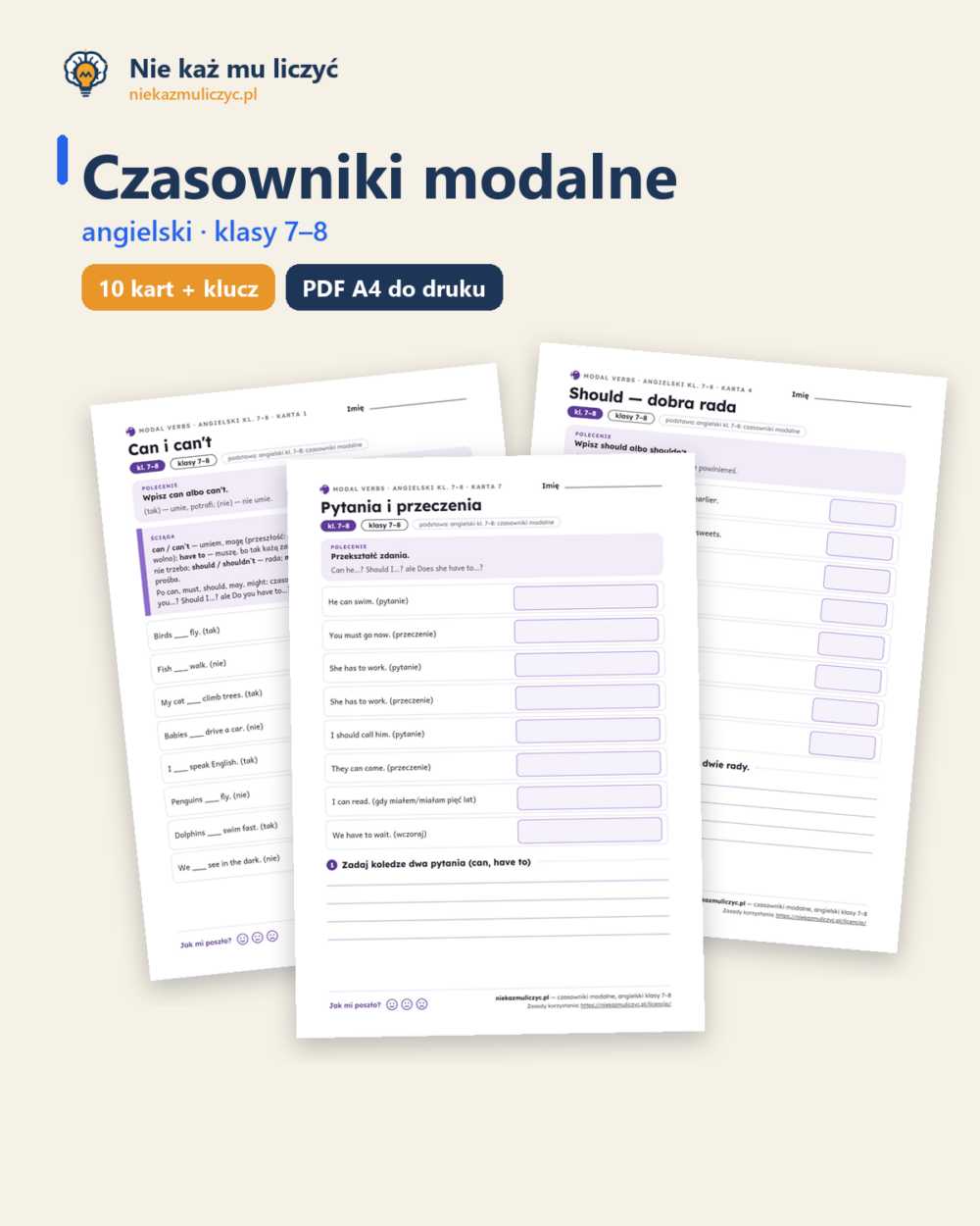 Czasowniki modalne, angielski klasy 7–8 — 10 kart pracy PDF z kluczem — okładka