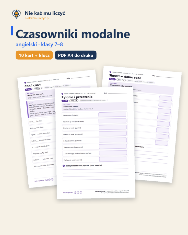 Czasowniki modalne, angielski klasy 7–8 — 10 kart pracy PDF z kluczem — okładka