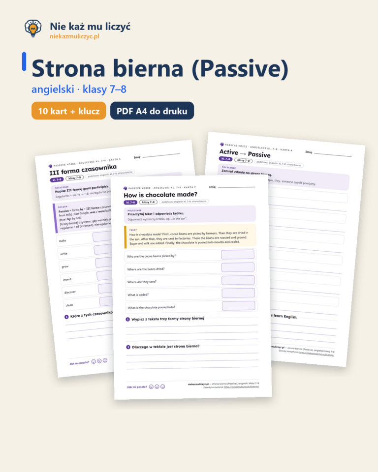Strona bierna (Passive), angielski klasy 7–8 — 10 kart PDF z kluczem — okładka