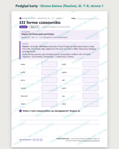Strona bierna (Passive), angielski klasy 7–8 — 10 kart PDF z kluczem — podgląd karty, strona 1
