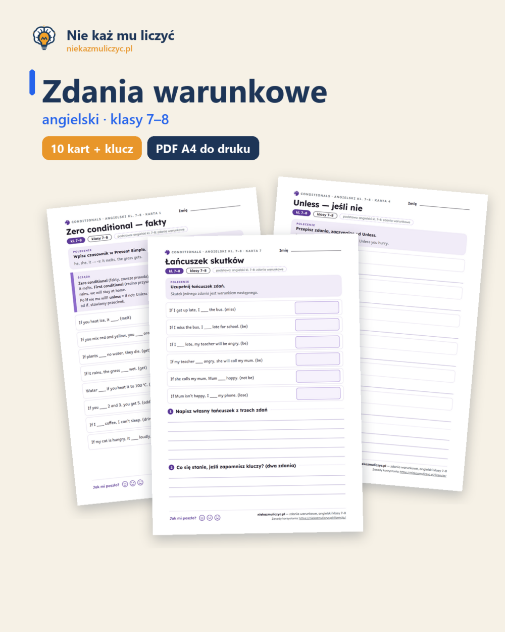 Zdania warunkowe, angielski klasy 7–8 — 10 kart pracy PDF z kluczem — okładka