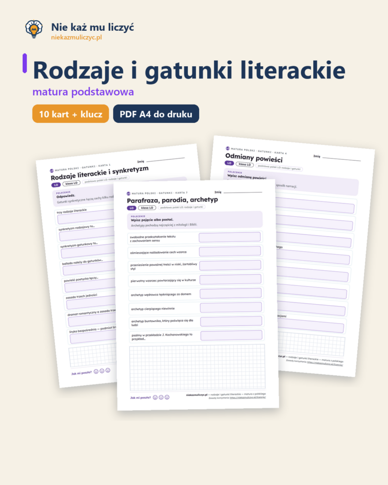 Rodzaje i gatunki literackie, matura z polskiego — 10 kart PDF — okładka